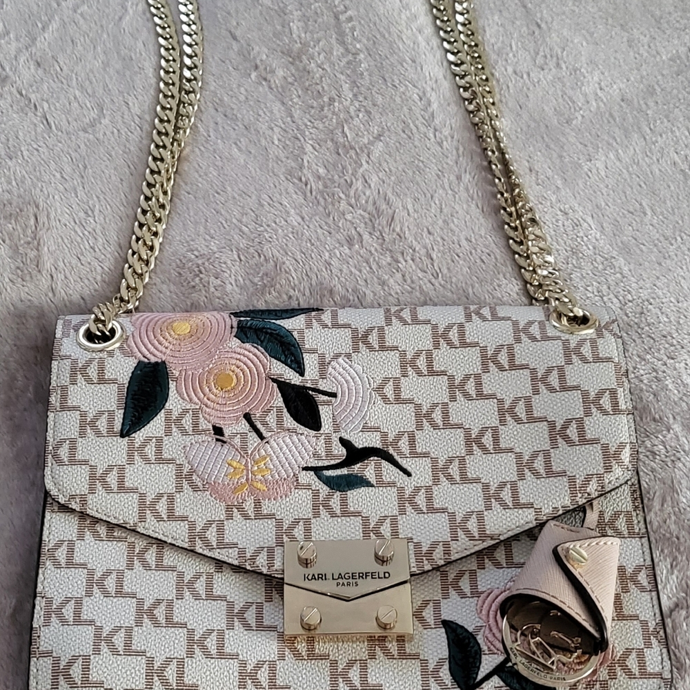 Karl Lagerfeld tan, floral embroidered crossbody bag